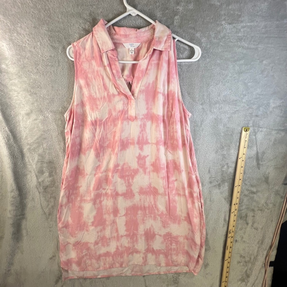 Time and Tru Large Pink Tie Dye Sleeveless Collared Shirt Dress Summer Modern
